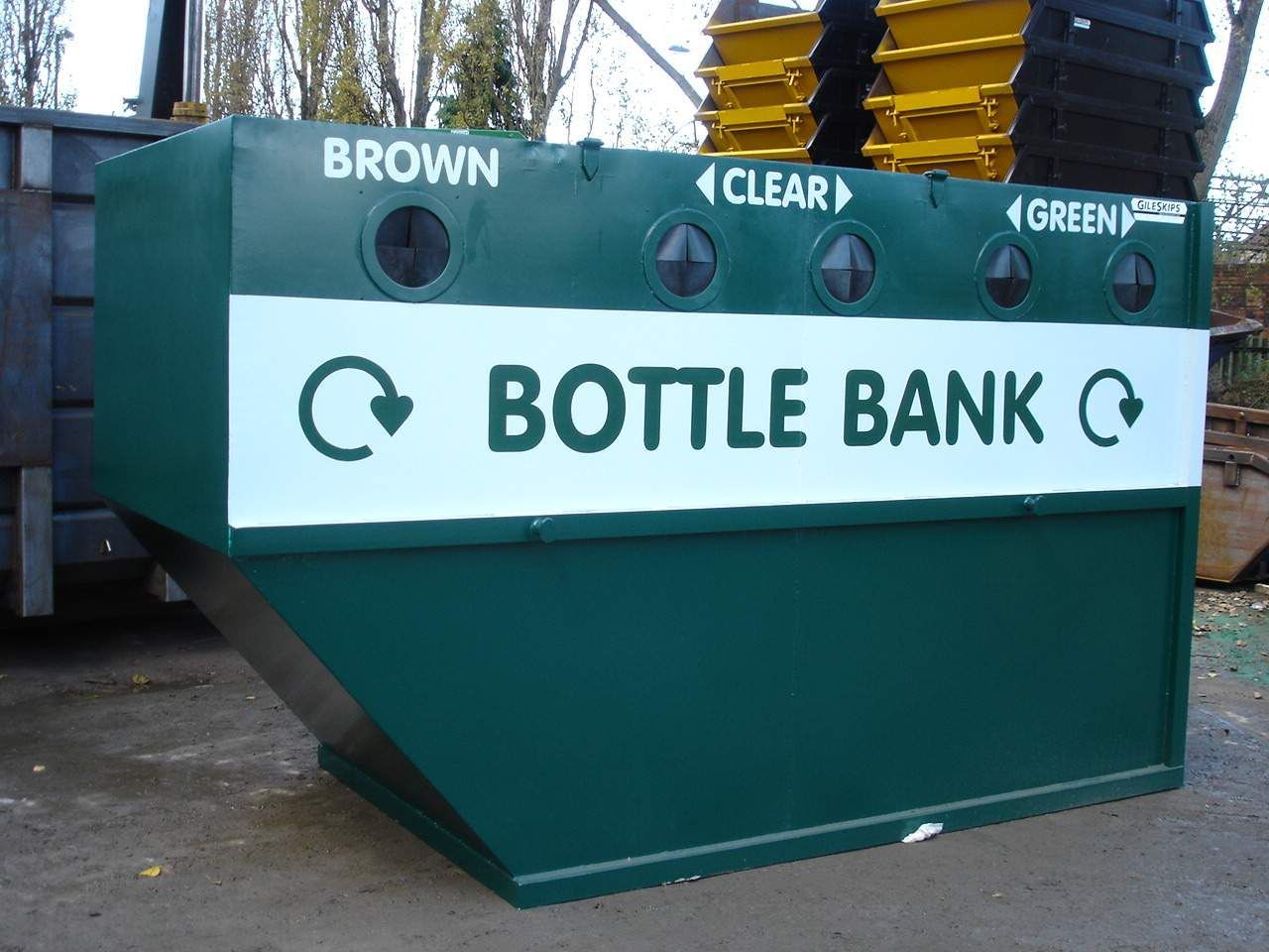 2023 Green Gileskips Recycling Banks; glass / Cans / Plastics / Paper