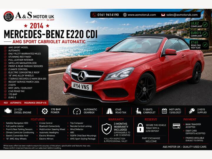 Mercedes-Benz E CLASS 2.1 E220 CDI AMG Sport Cabriolet G-Tronic+ Euro 5 (s/s) 2dr