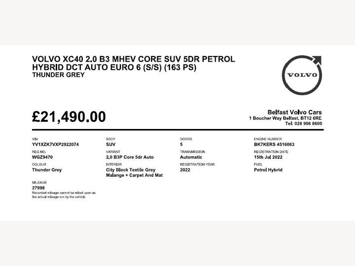 Volvo XC40 2.0 B3 MHEV Core DCT Auto Euro 6 (s/s) 5dr