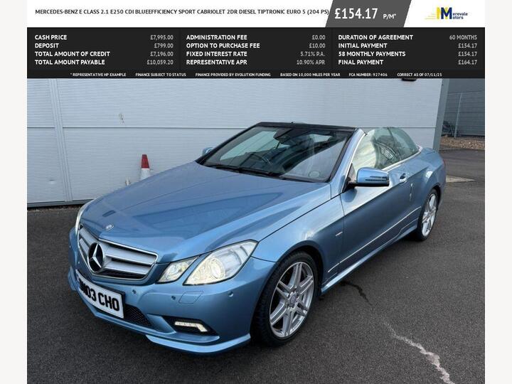 Mercedes-Benz E CLASS 2.1 E250 CDI BlueEfficiency Sport Cabriolet Tiptronic Euro 5 2dr Mercedes-Benz E CLASS 2.1 E250 CDI BlueEfficiency Sport Cabriolet Tiptronic Euro 5 2dr