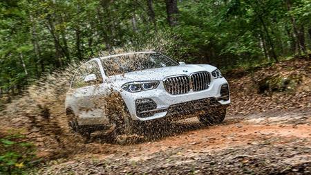 BMW X5 White BMW X5 offroading through a forest and splashing mud