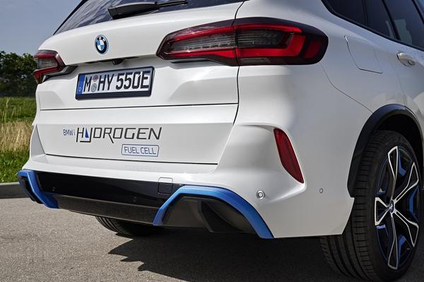 White BMW iX5 hydrogen fuel cell car rear view