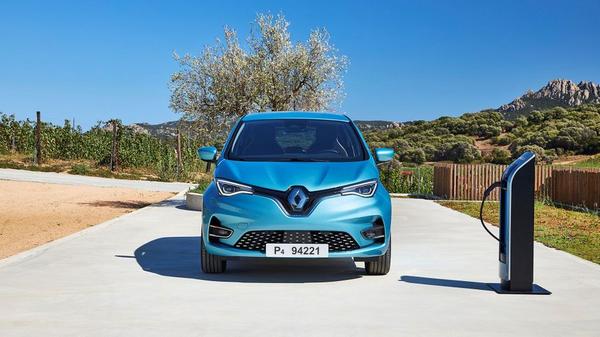 Blue Renault Zoe Hatchback parked near a charging point