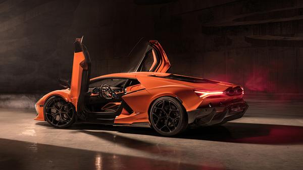 Orange Lamborghini Revuelto with doors open