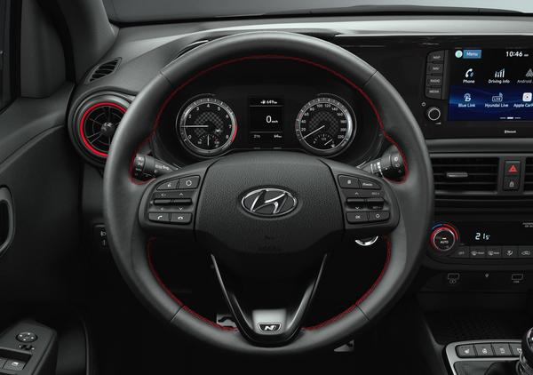Hyundai i10 interior, close-up of steering wheel
