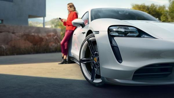 White Porsche Taycan electric car