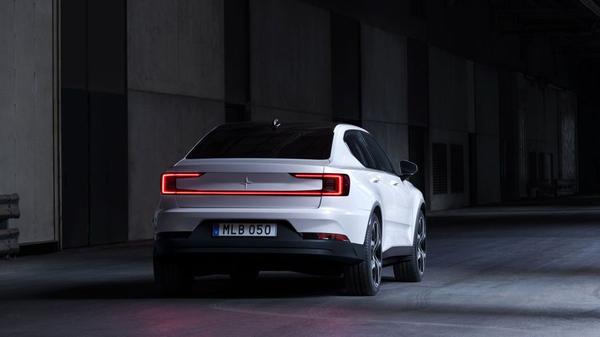 Rear view of a white and black Polestar 2 electric car