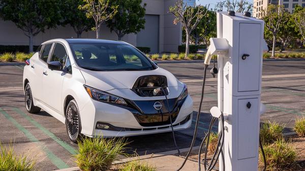 White Nissan Leaf on charge