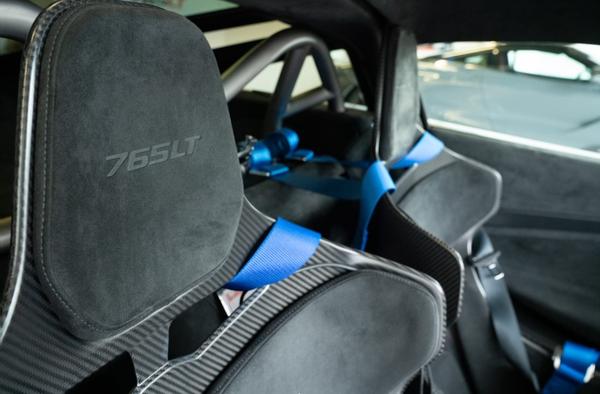 McLaren 765LT's black interiors with blue harnesses