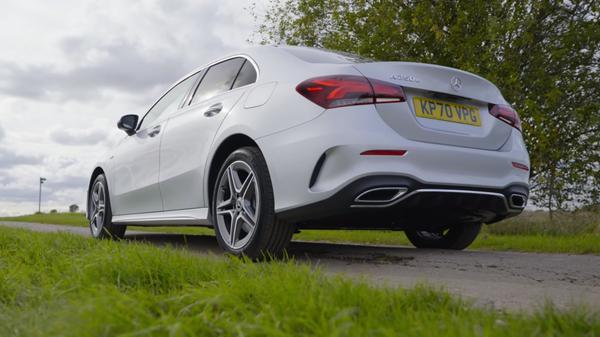 Close up of silver Mercedes A-Class A250e rear and exhaust
