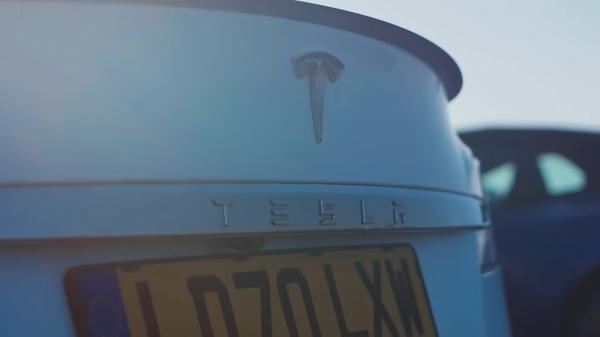 Close up of white Tesla Model S