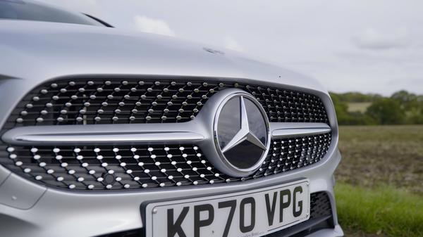 Close up of silver Mercedes A-Class A250e grill