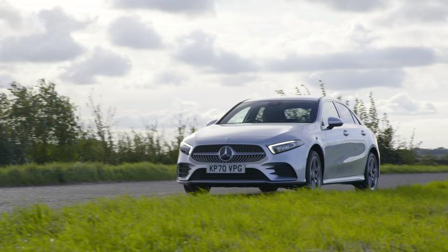 Mercedes A-Class A250e Silver Mercedes A-Class A250e driving round bend