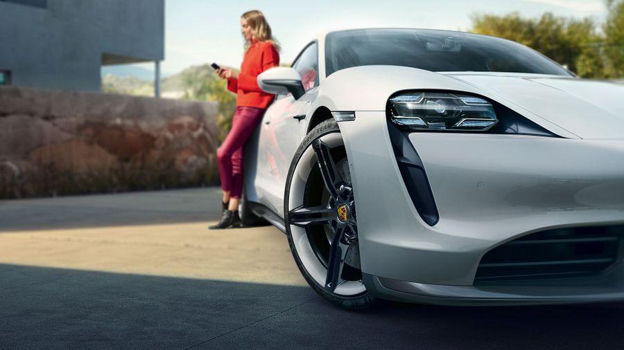 White Porsche Taycan electric car