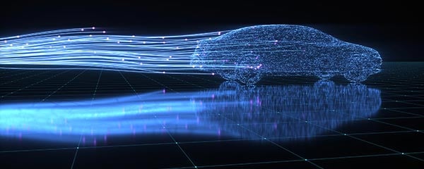 Digital illustration of a car made from glowing data lines, symbolising advanced vehicle technology and connectivity.