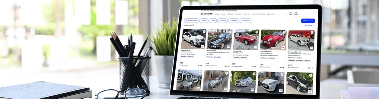 Autotrader's packages offer a suite of online selling solutions to help you advertise and market your stock and manage leads from customers. A laptop displaying the search results from Autotrader