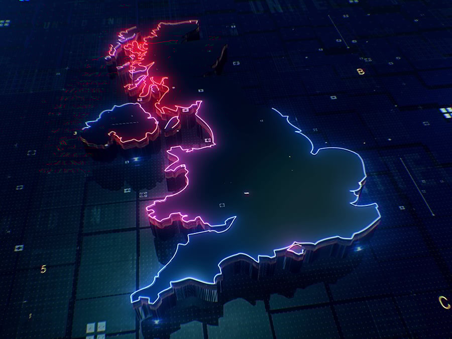 Futuristic digital map of the United Kingdom highlighted with glowing neon outlines.