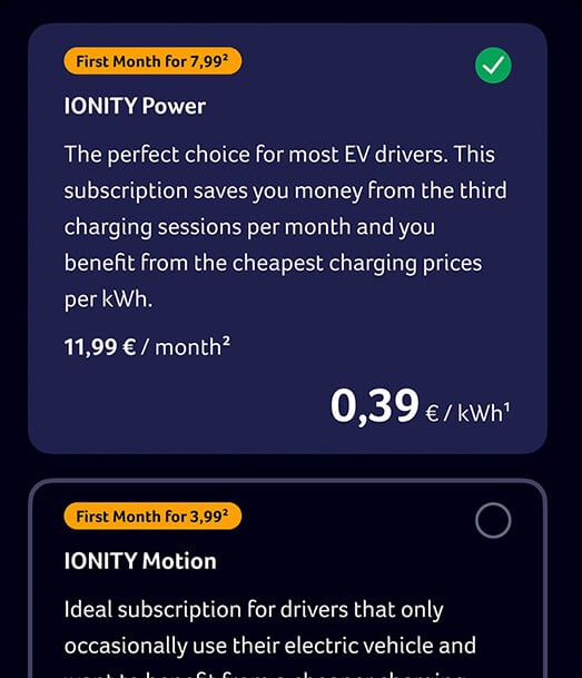 IONITY screen shot of subscription