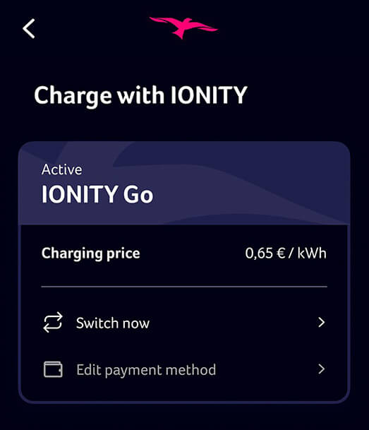 IONITY screen shot showing lower charging price per kWh