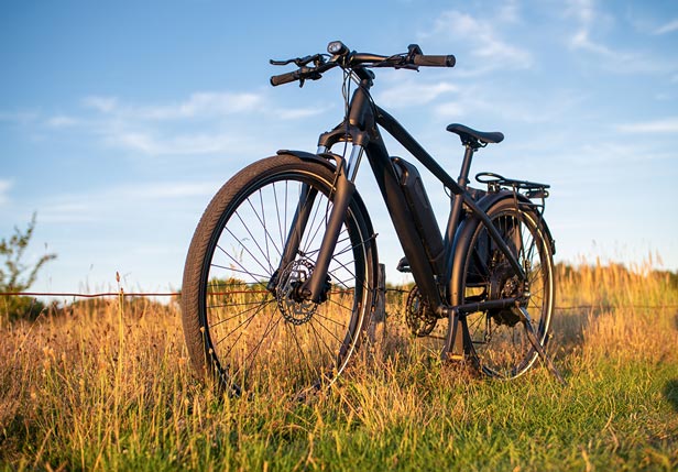 Ride an electric bike An electric e-bike standing upright in a field.