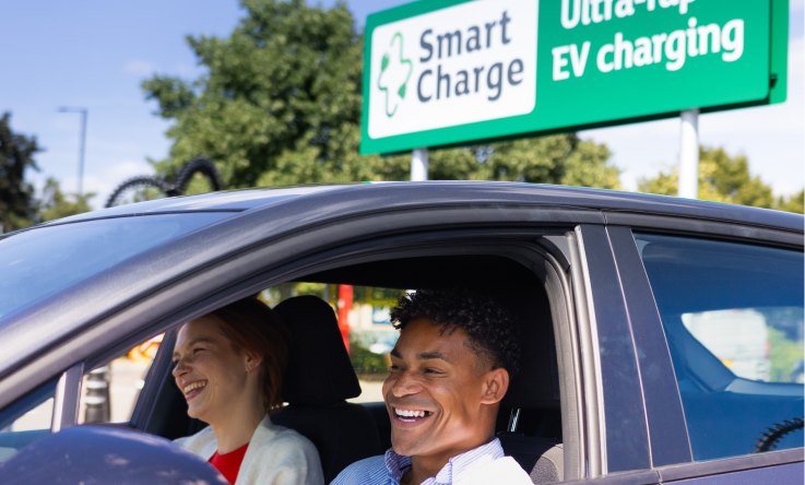 Learn more about Smart Charge A picture with two people inside a car charging at a Smart Charge station