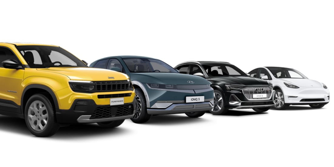 Find your perfect electric car Four different models of electric vehicles in various colours displayed against a white background
